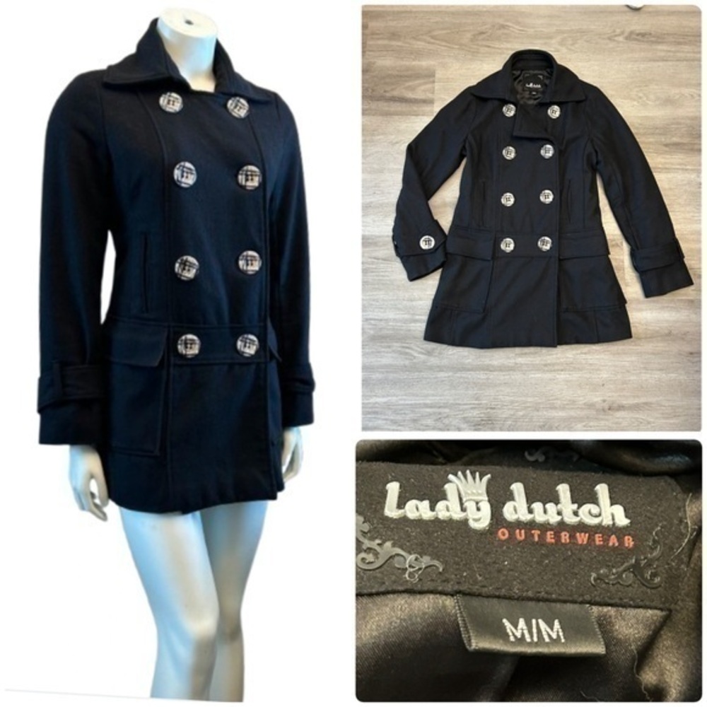Lady Dutch Wool Blend Black Pea Coat with Double Breasted Design and Wide Collar
